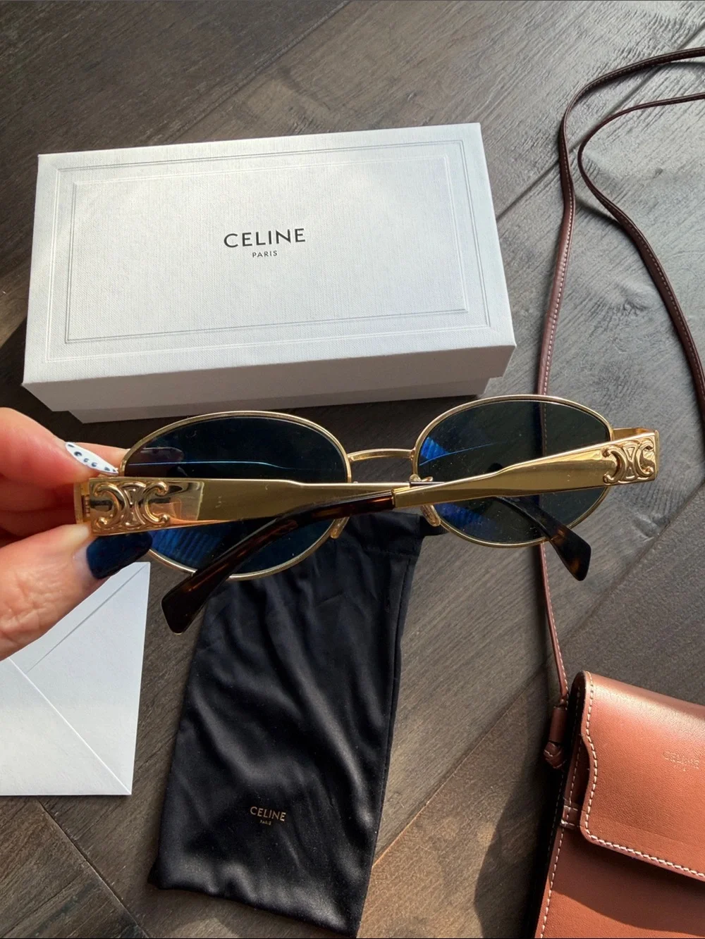 Celine Gold Sunglasses with Brown Leather Crossbody Pouch